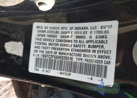 2017 Honda Civic Lx z USA, uszkodzony, nr VIN 19XFC2F55HE026516